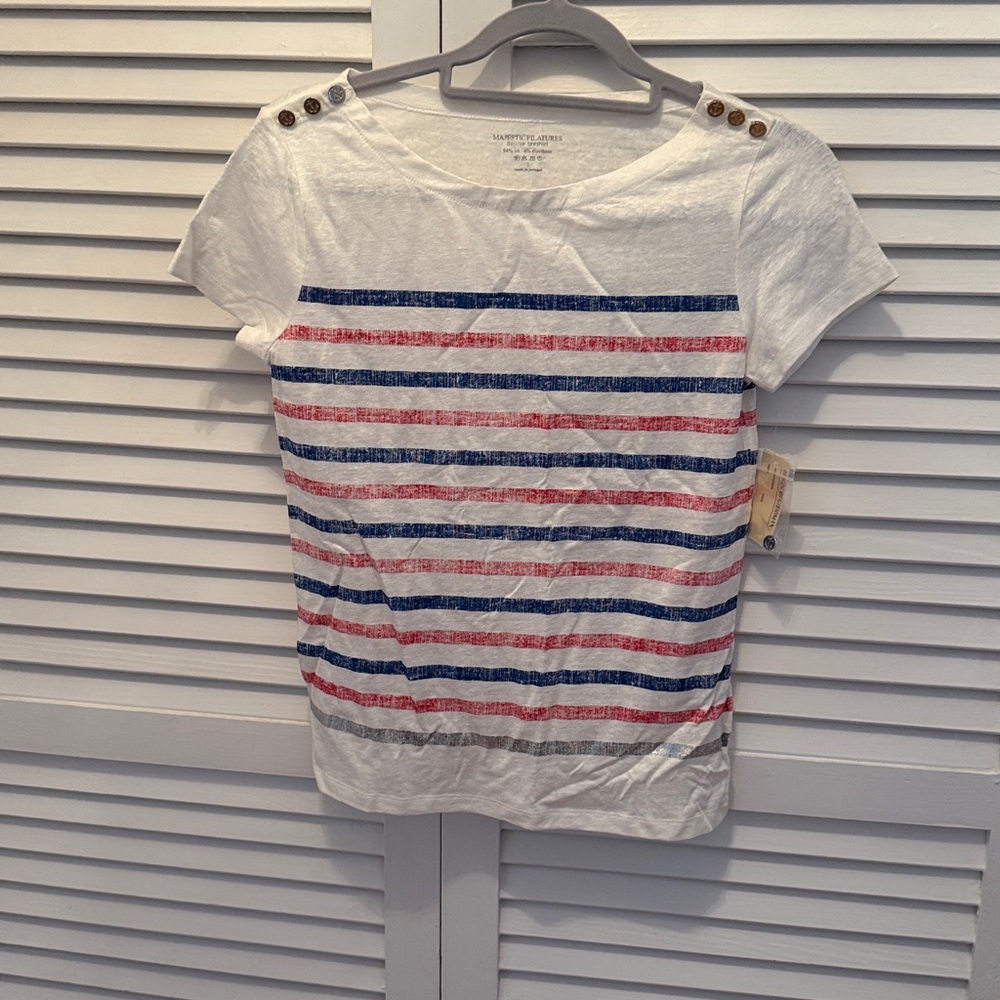 NWT Majestic Filatures Cream Deluxe Stripe  Tee silver buttons /silver stripe